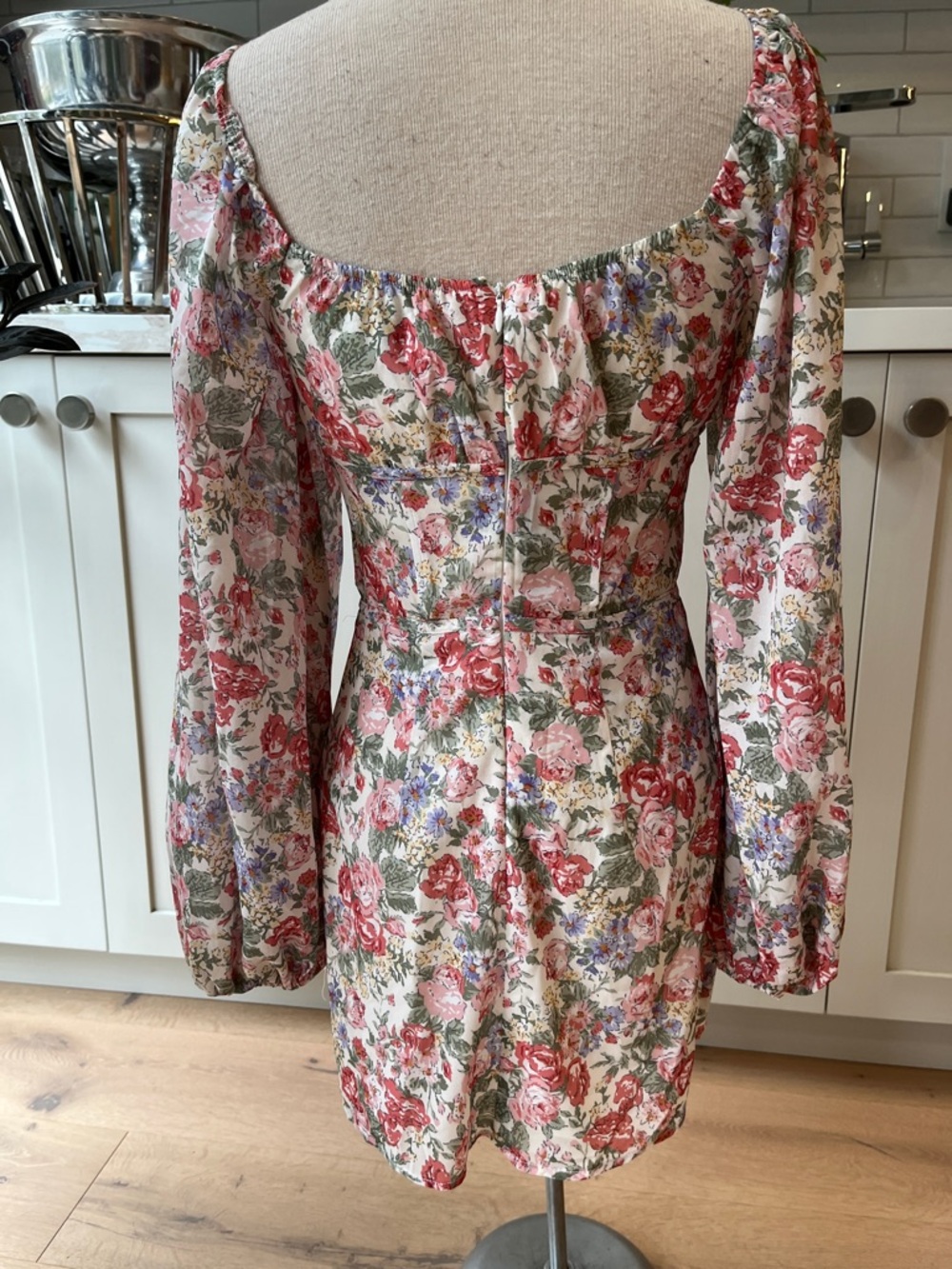 Sabo Floral Puff-Sleeve Mini Dress Cream Rose Green Purple designed in Australia - Picture 9 of 13